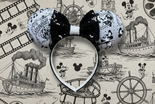 Steamboat mouse inspired Mouse ears with a black sequined bow. Shown on a decorative background with steamboat and Mickey Mouse illustrations.