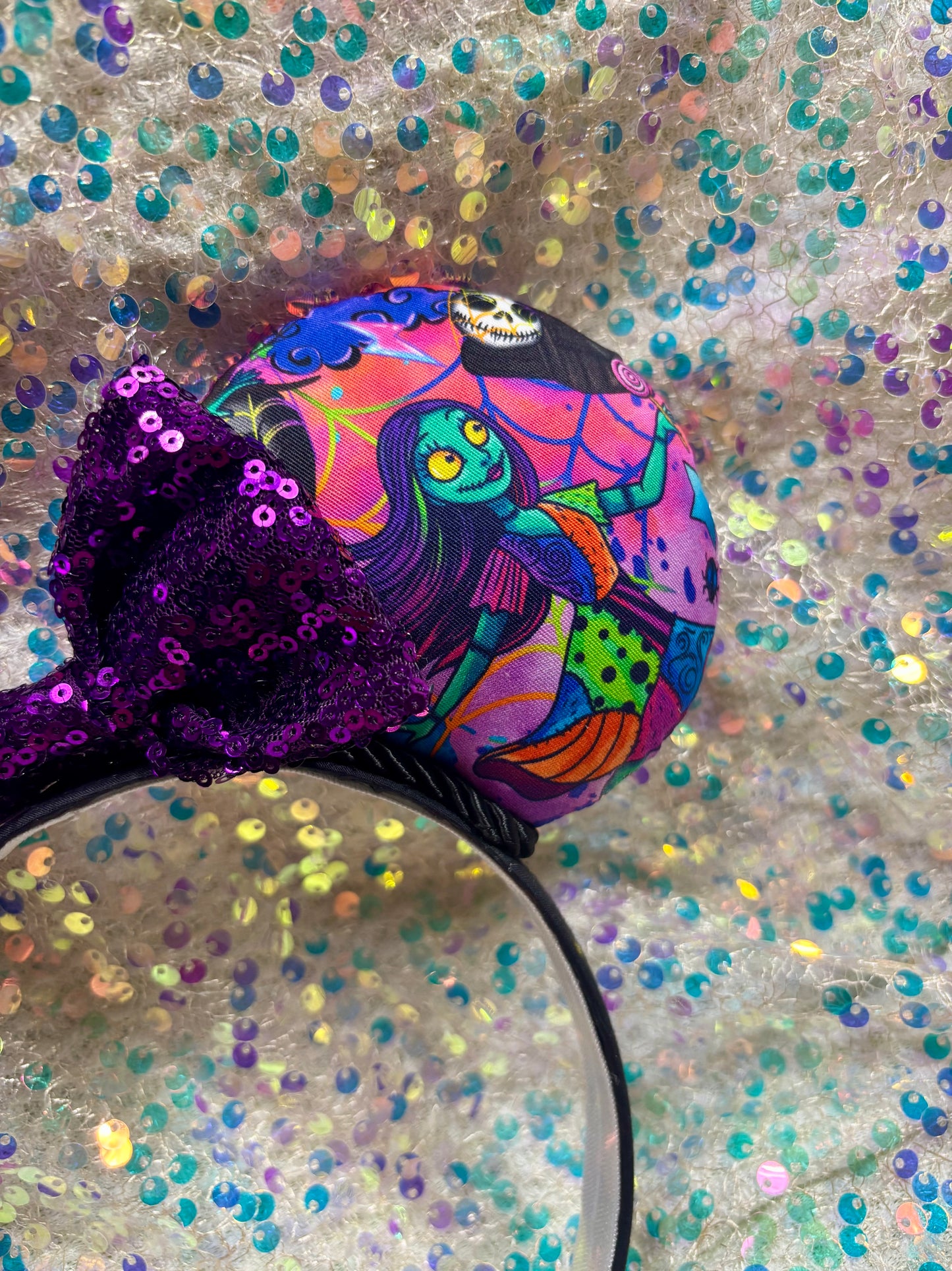 Sally Mouse Ears | Nightmare Before Christmas Patchwork Headband with Sequin Bow