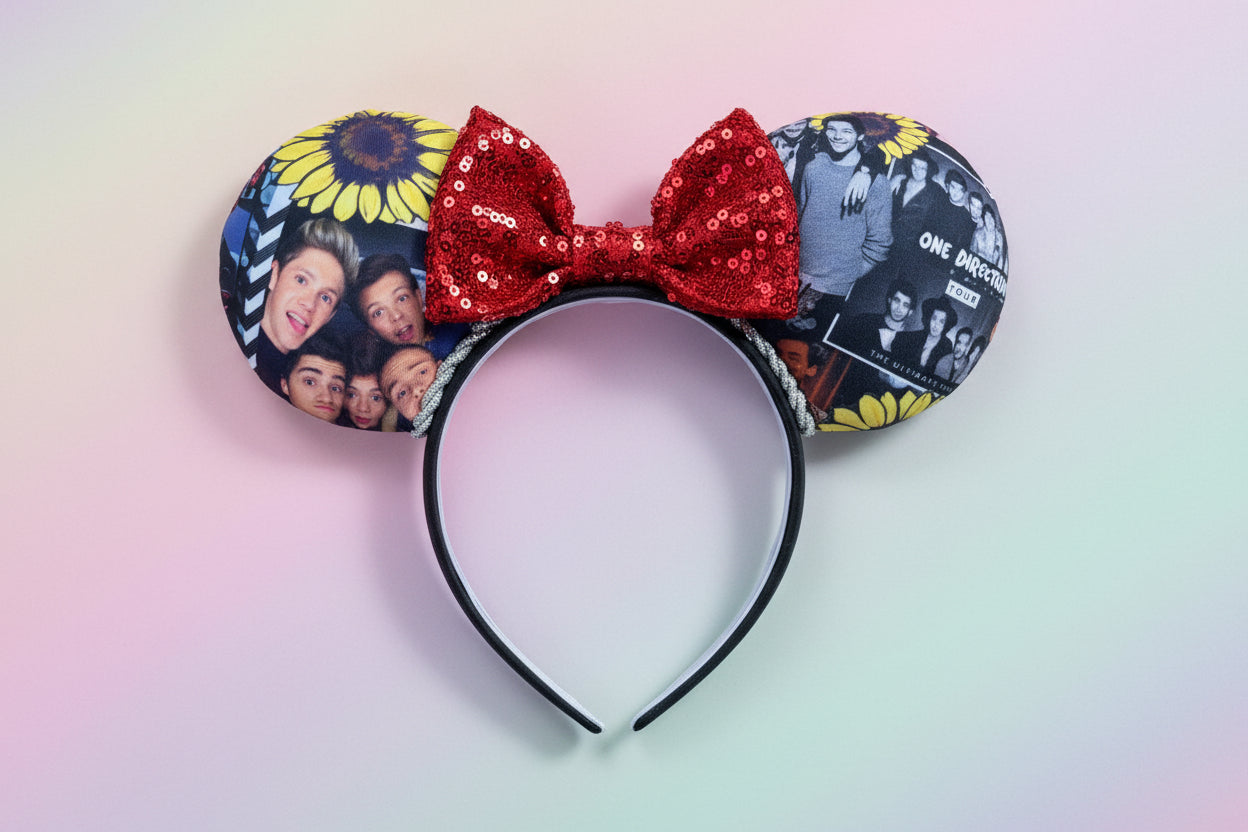 Pop boy band group Mouse ears with a red sequin bow. Shown on a gradient background