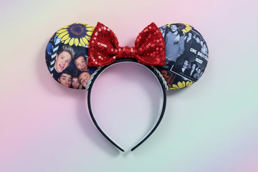 Pop boy band group Mouse ears with a red sequin bow. Shown on a gradient background
