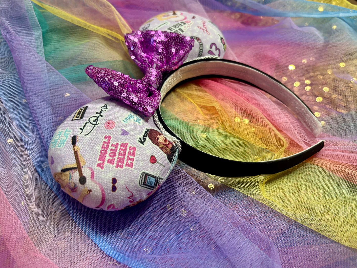 Lilac Taylor Swift Collage Mouse Ears – Handmade Disney-Inspired Headband with Purple Sequin Bow