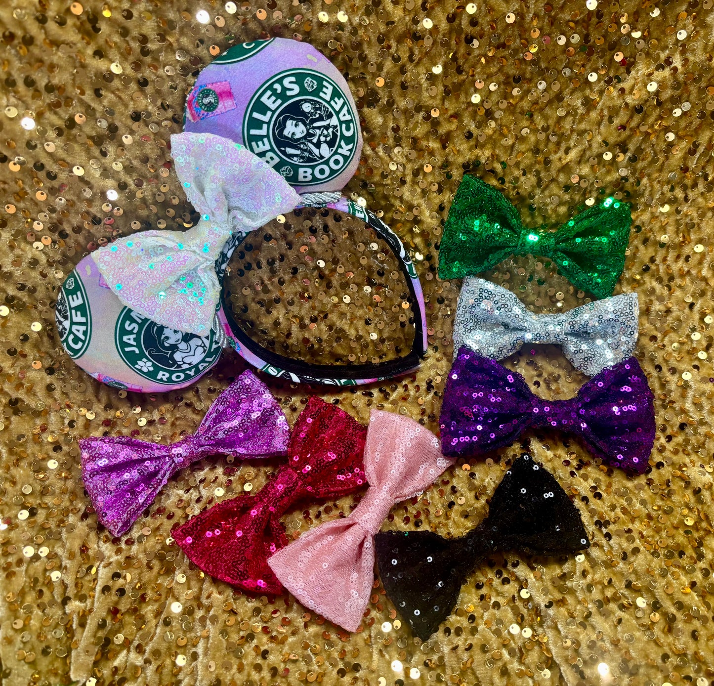 Handmade and ready to ship custom ears with popular coffee themed with princesses on fabric. White iridescent bow and silver twisted trim on a universal sized headband with matching design as the mouse ears. Showing many other sequins bow options.