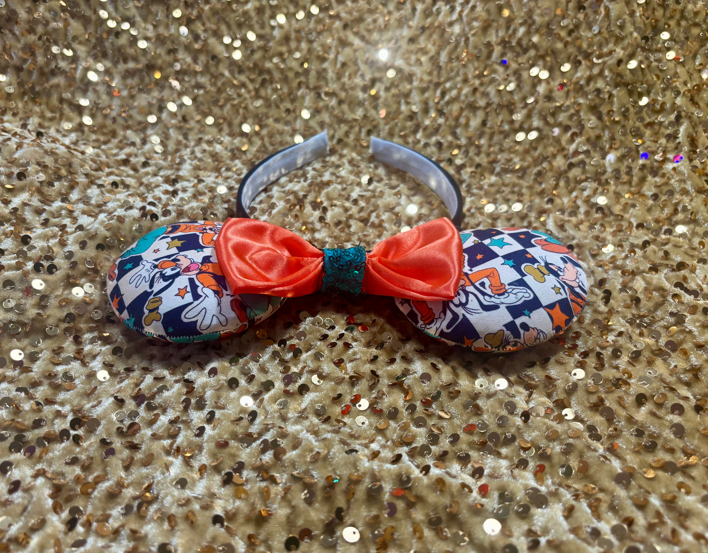 Goofy Mouse Ears | Classic Character Fabric Orange Satin & Turquoise Sequin Bow Headband