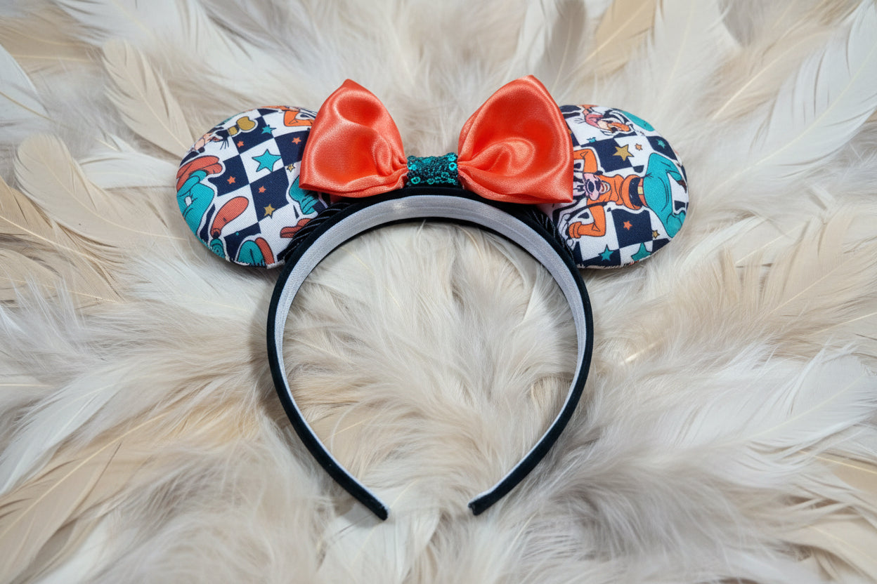 Goofy Mouse Ears | Classic Character Fabric Orange Satin & Turquoise Sequin Bow Headband