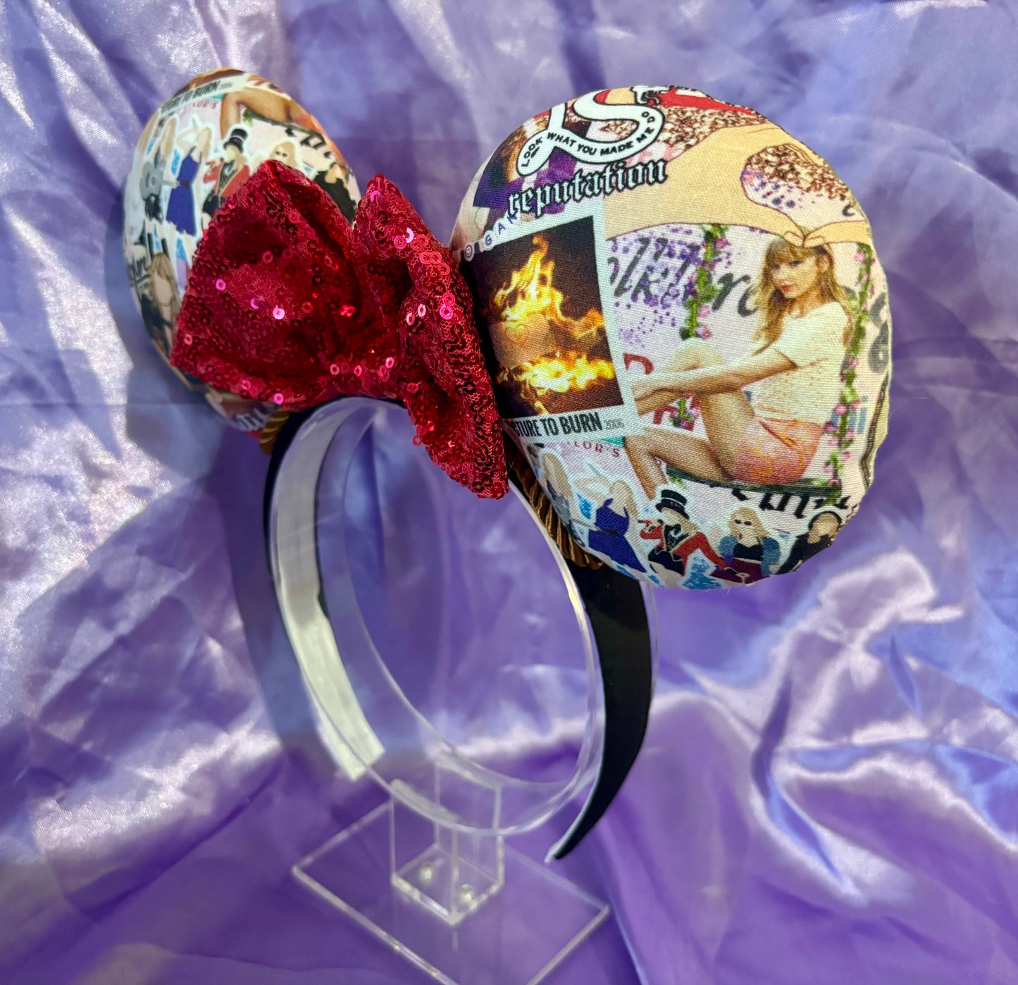 Cartoon Eras Mouse Ears – Taylor Swift Inspired Collage Handmade Disney Headband | Hot Pink Sequin Bow