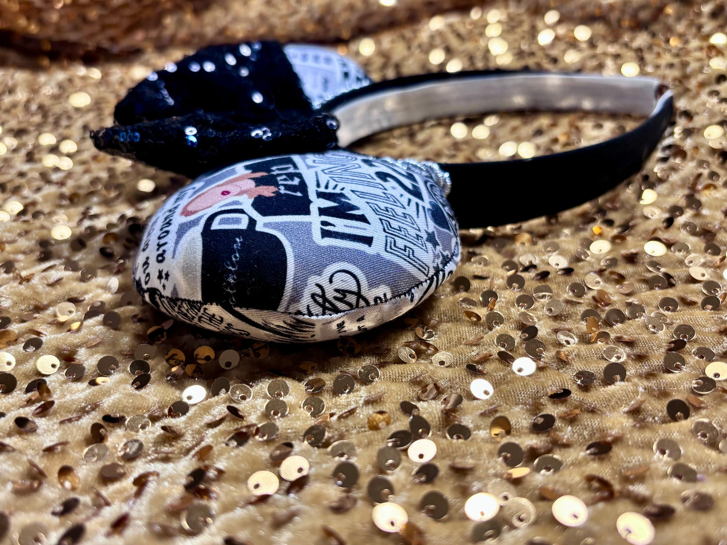 handmade and ready to ship Decorative headband with patterned design on a glittery surface