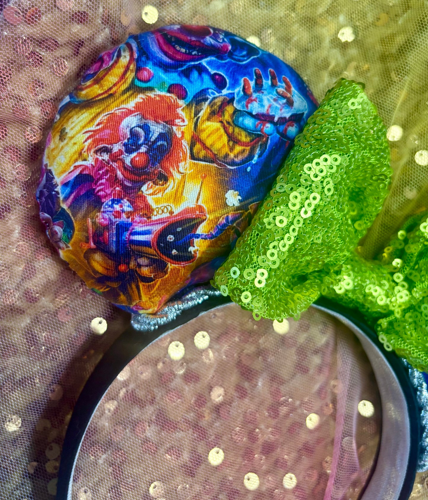 Killer Klowns Mouse Ears | Handmade Horror-Inspired Disney Headband with Lime Green Sequin Bow