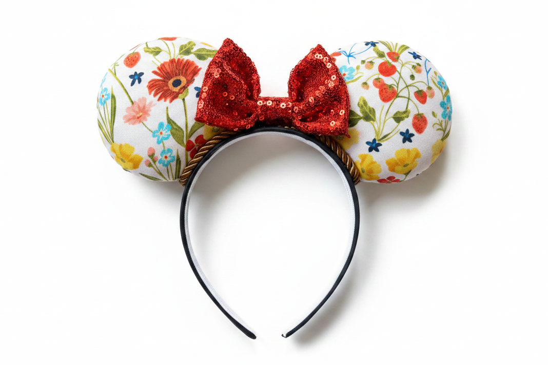 Floral-patterned mouse ears with a red bow on a white background
