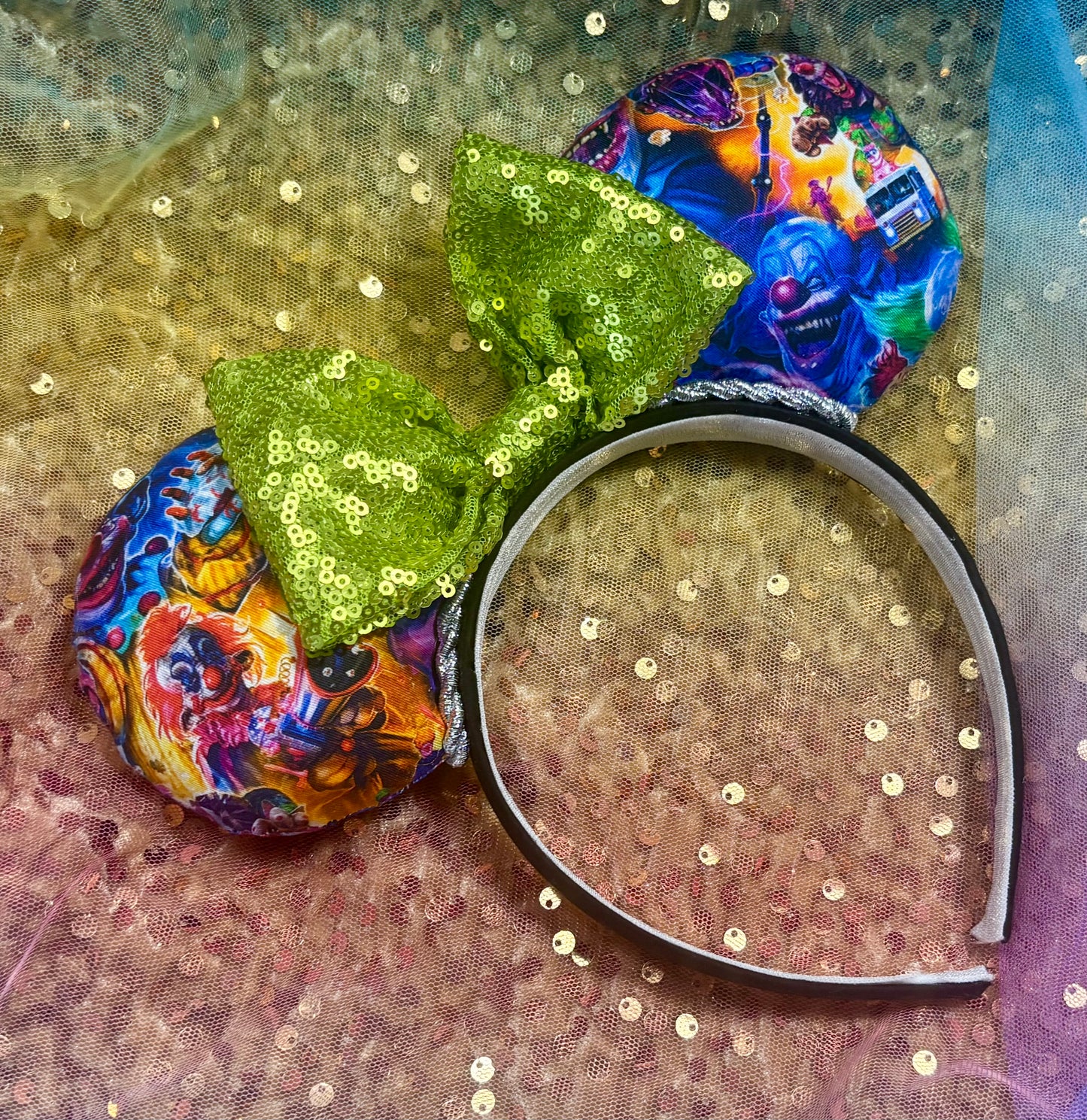 Killer Klowns Mouse Ears | Handmade Horror-Inspired Disney Headband with Lime Green Sequin Bow