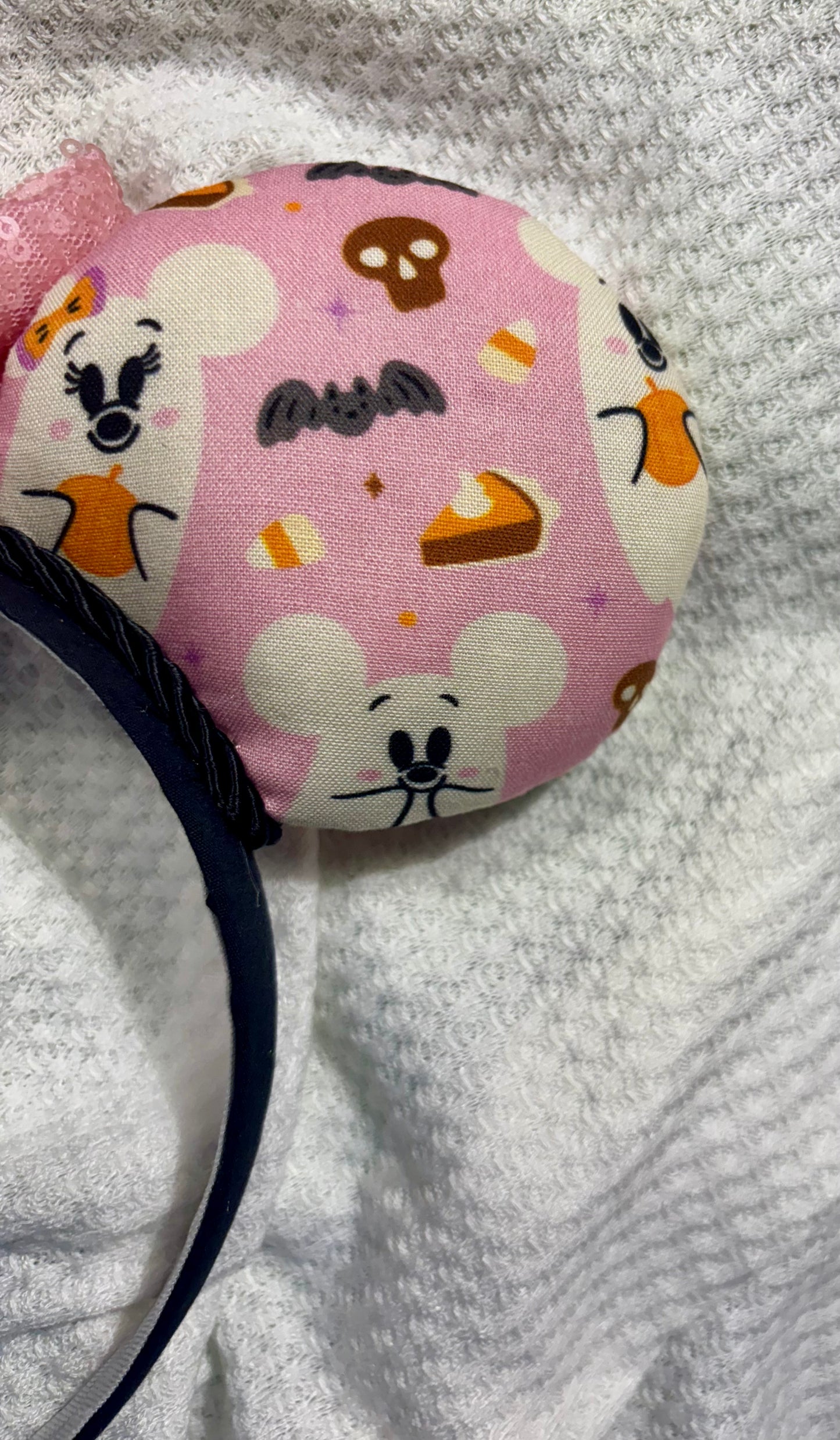 Pink Ghost Mouse Ears | Spooky-Cute Halloween Headband with Pink Sequin Bow