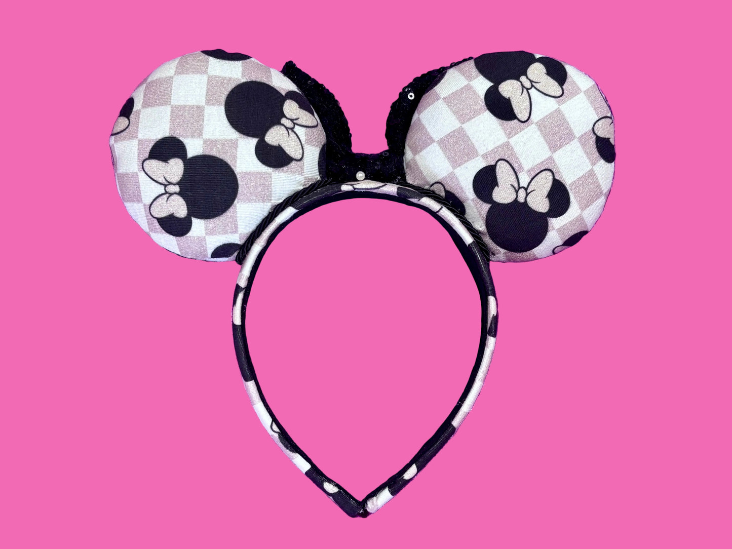 Back view of set. Handmade and ready to ship Checkered Mouse ears with famous Minnie ear bows on the design and a black sequin bow with black twisted trim on a universal sized headband.