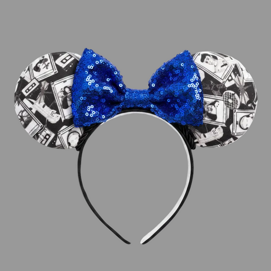 Handmade and ready to ship Stranger Things Collage Mouse ears with a blue sequin bow, black twisted trim on a black poly cotton universal sized headband. 