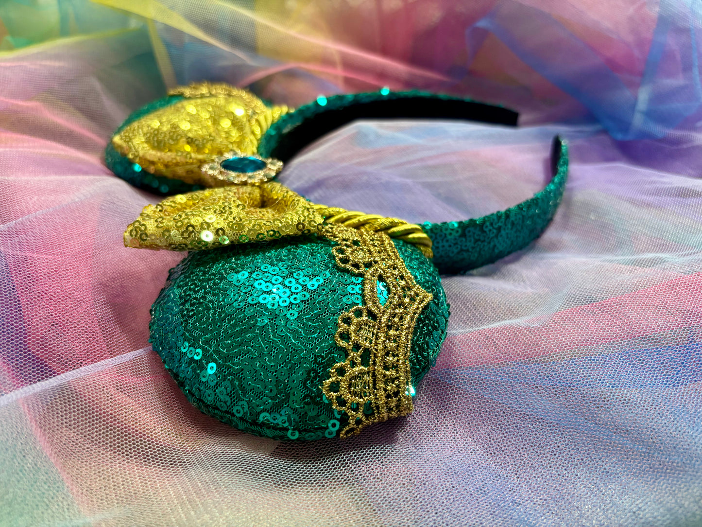 Jasmine Inspired Mouse Ears – Princess Aladdin Handmade Disney Headband | Teal & Gold Sequin Bow