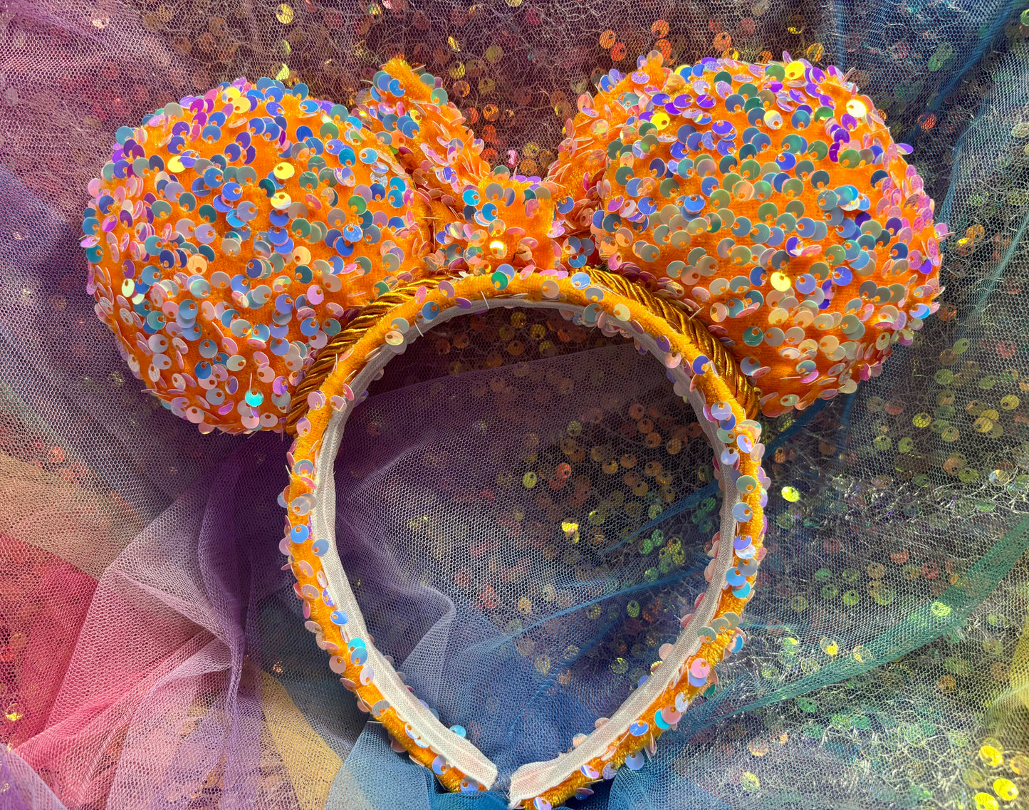 Orange Velvet & Mint Sequin Mouse Ears | Showgirl Era Deluxe Theme Park Headband
