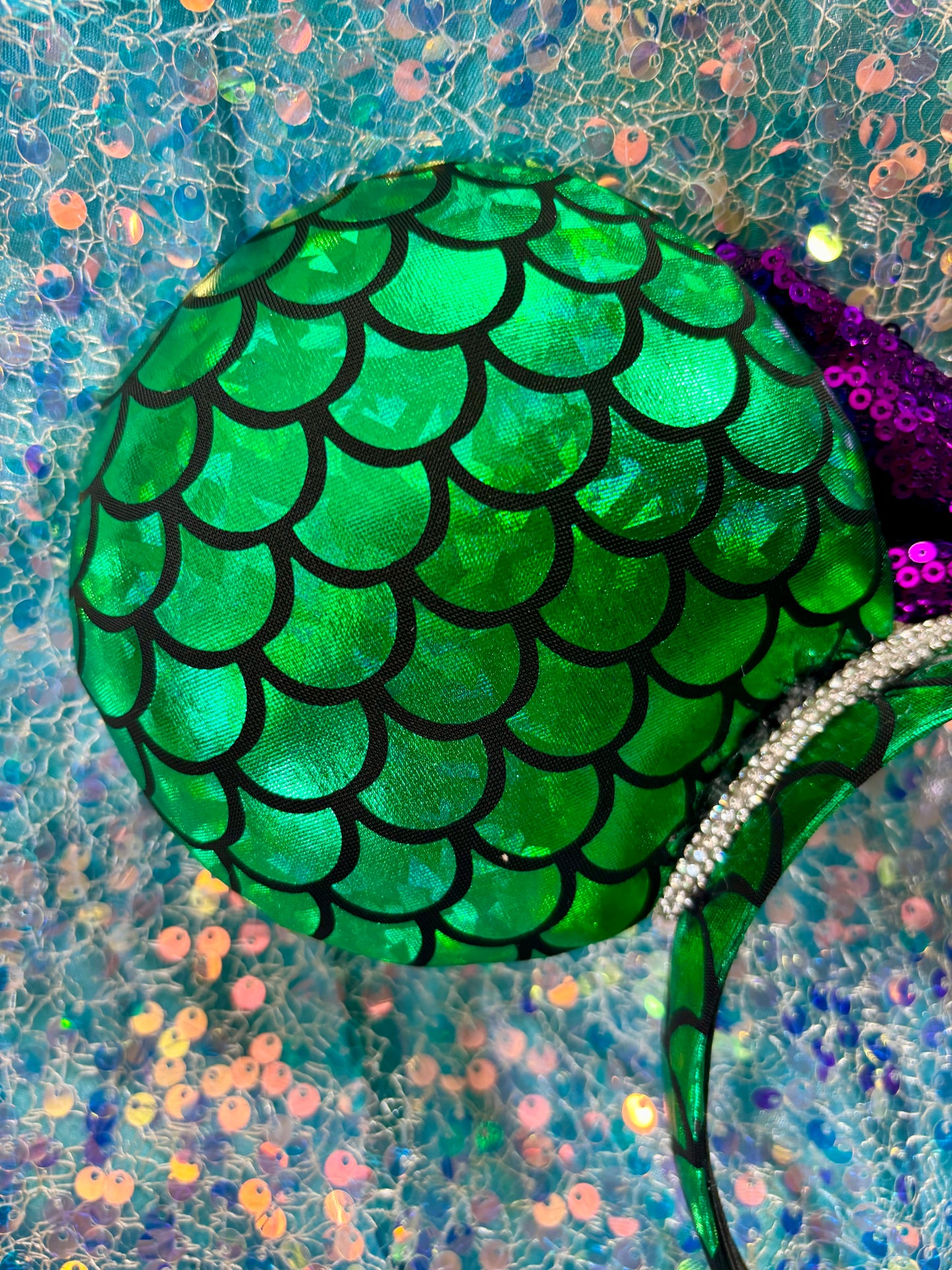 Mermaid Mouse Ears | Handmade Ariel-Inspired Disney Headband with Rhinestone Trim & Dinglehopper Bow