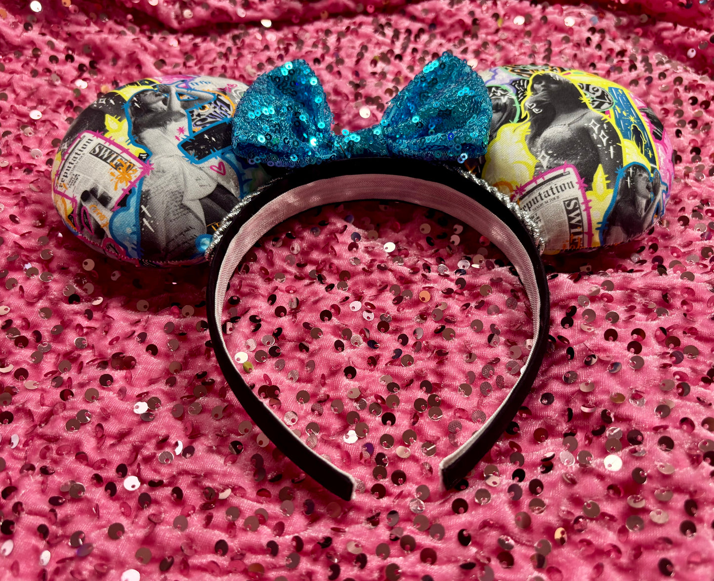 Neon Fortnight Mouse Ears - Taylor Swift Inspired Headband with Blue Sequin Bow