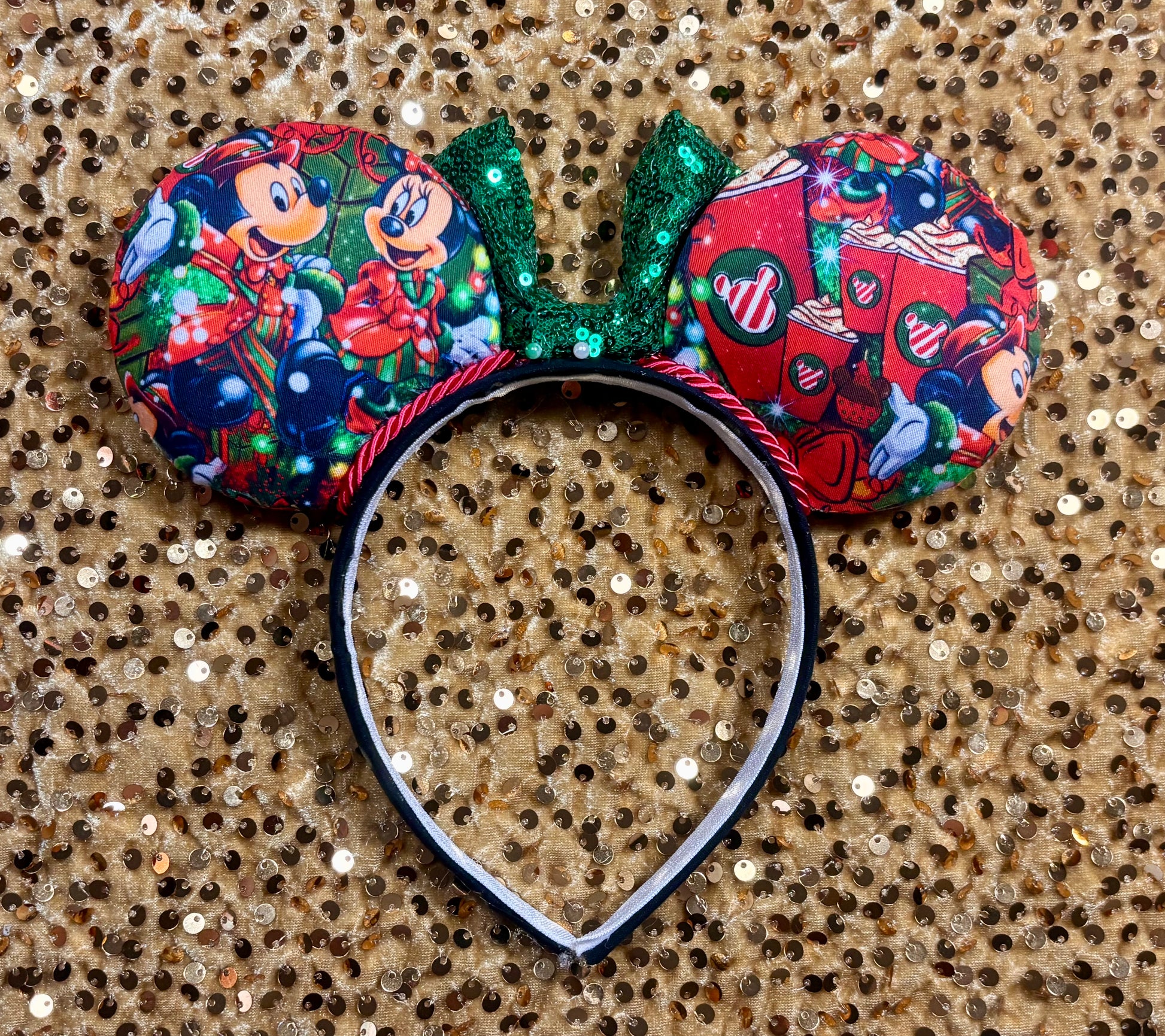 Handmade and ready to ship mouse ears with Cartoon characters and coffee cups on the fabric front and back. Set and handstitched to a universal sized headband. Default bow is green, but you can write a note and request any other color if you prefer.