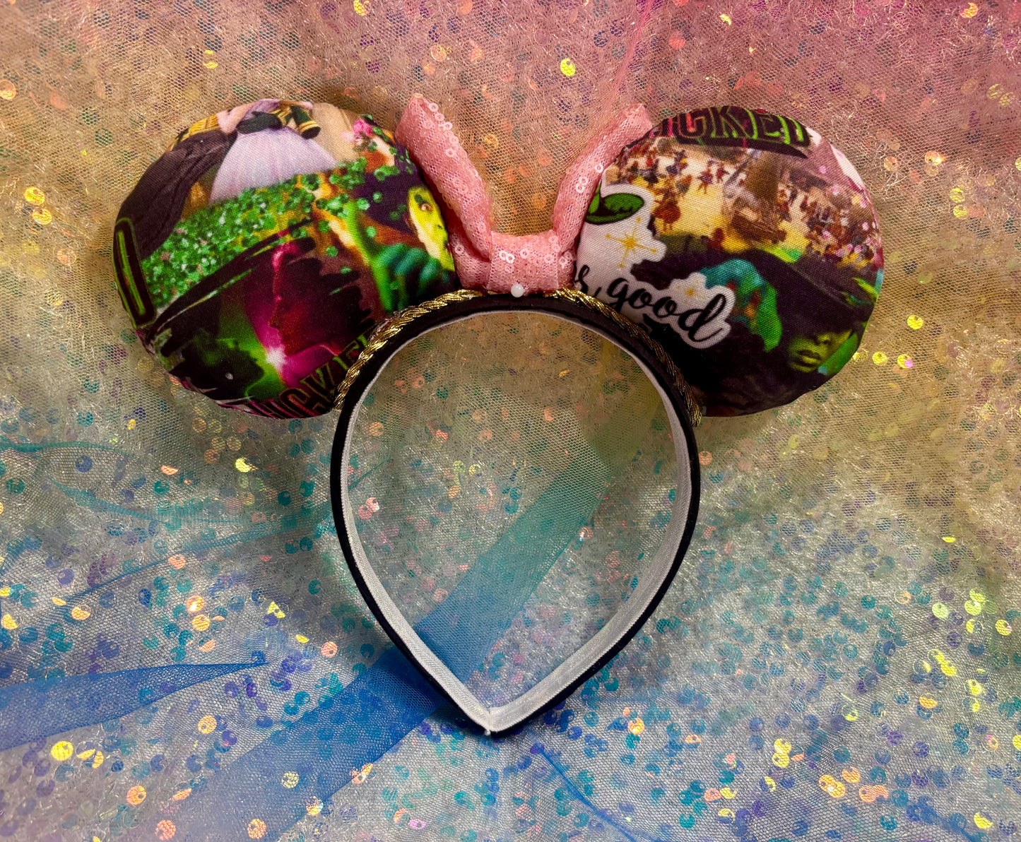 Wicked Collage Mouse Ears – Elphaba & Glinda Inspired Handmade Disney Headband | Pink Sequin Bow