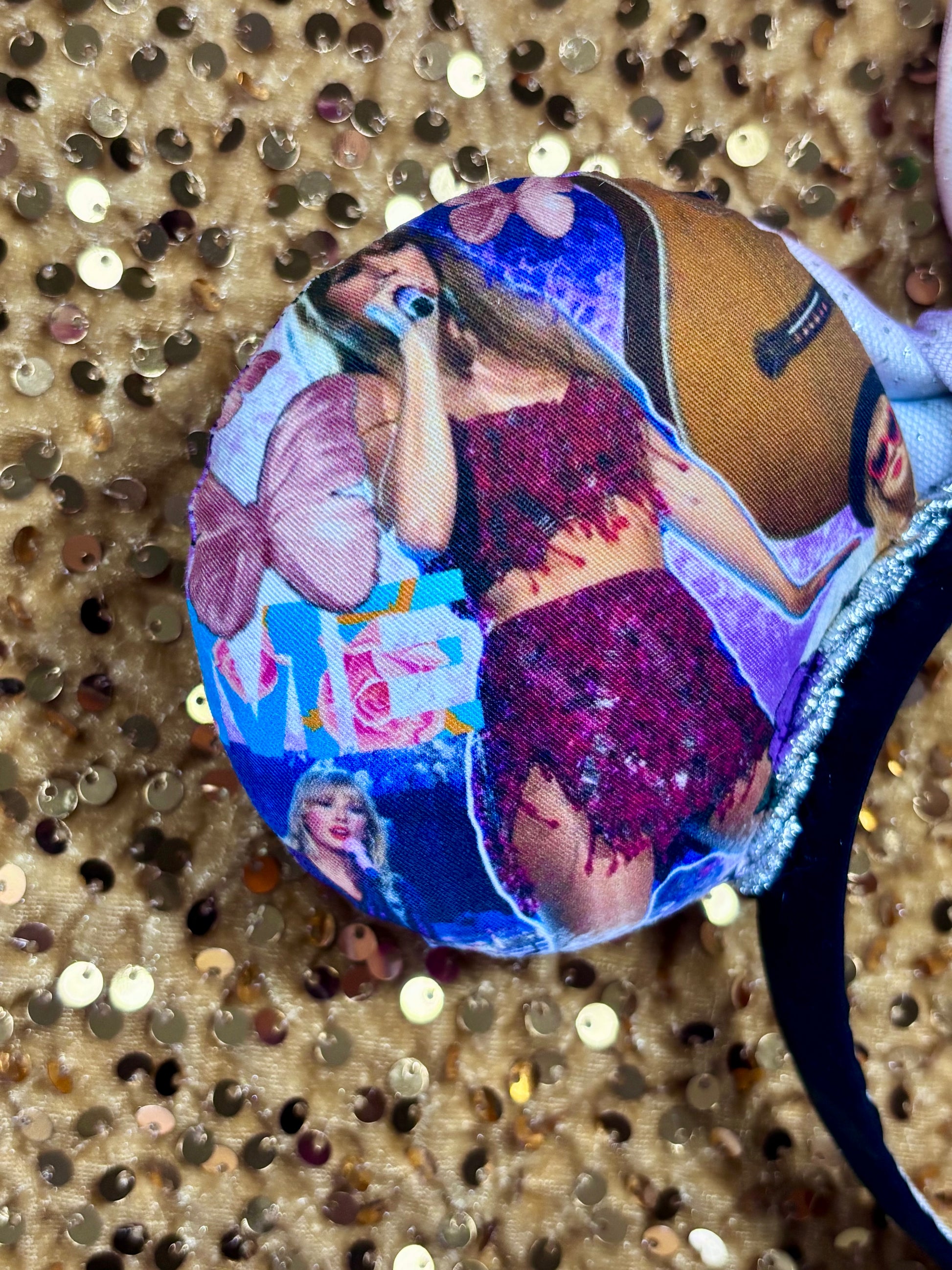 Handmade and ready to ship TS Mouse ears with a new beautiful sewn tulle bow with sparkles on it. Of course, you can still request any bow in sequin if you prefer and I will attach it. Shown on a gold sequin background.