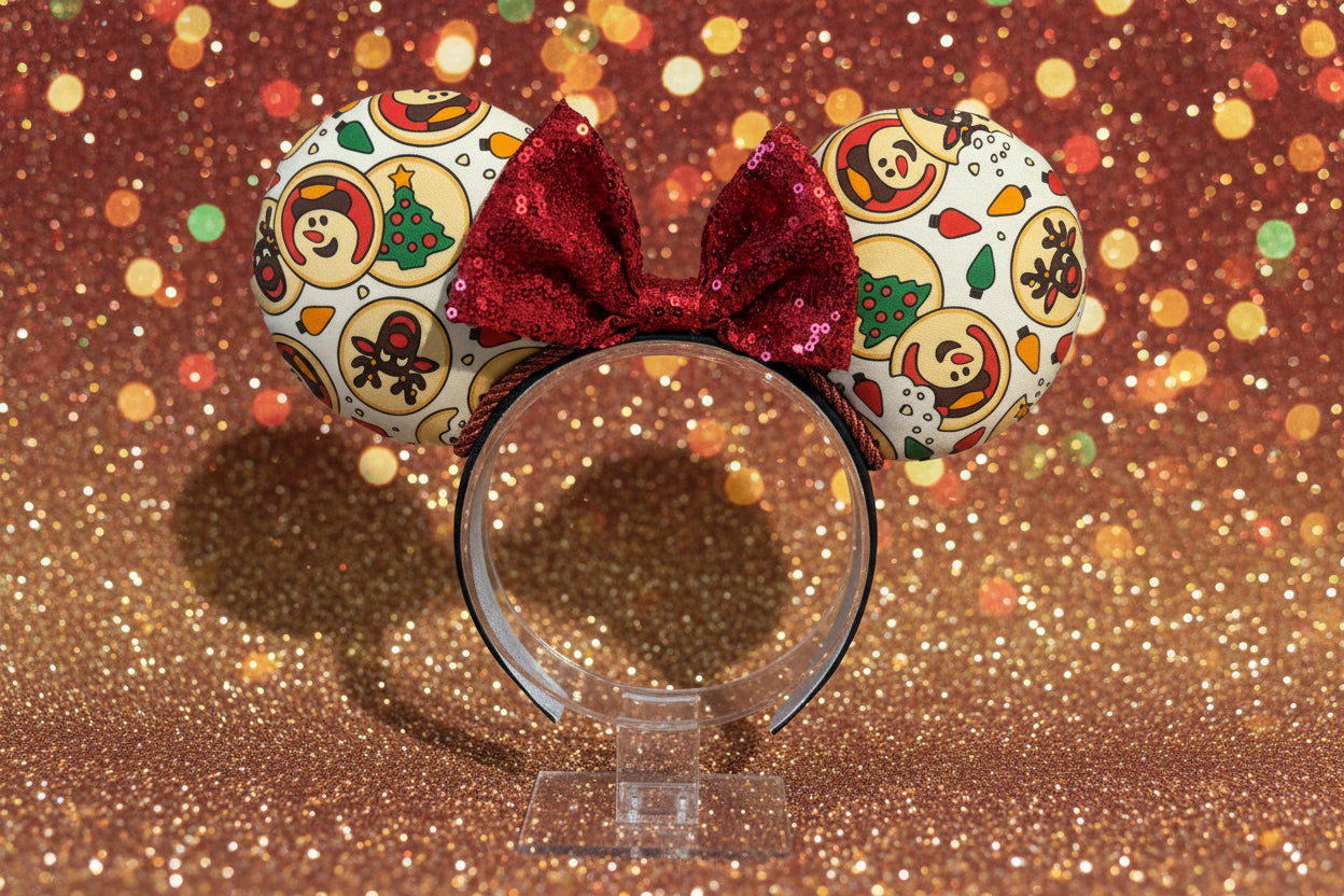 Sugar Cookie Mouse Ears – Handmade Disney-Inspired Christmas Headband with Red Sequin Bow.