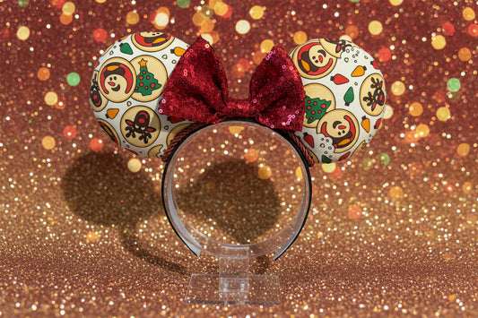 Sugar Cookie Mouse Ears – Handmade Disney-Inspired Christmas Headband with Red Sequin Bow.