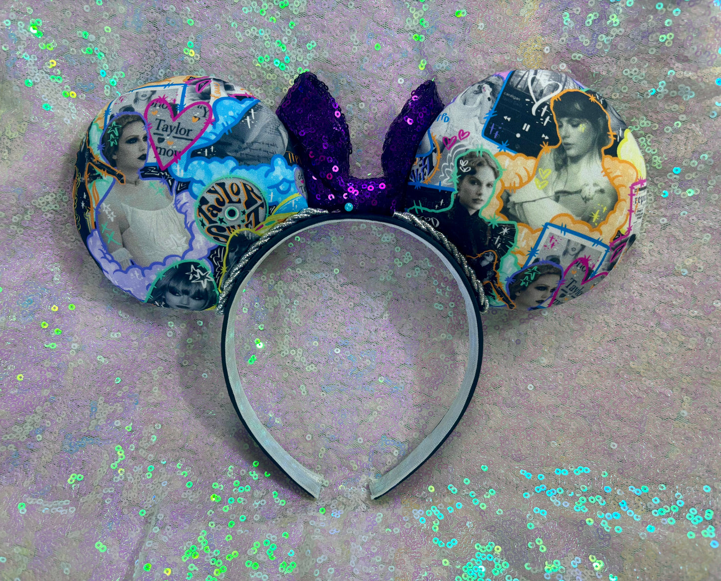 Handmade and ready to ship. Fabric images inspired by Tay and the fortnight video is on the front and back with a purple sequin bow. Shown on a white glitter background.
