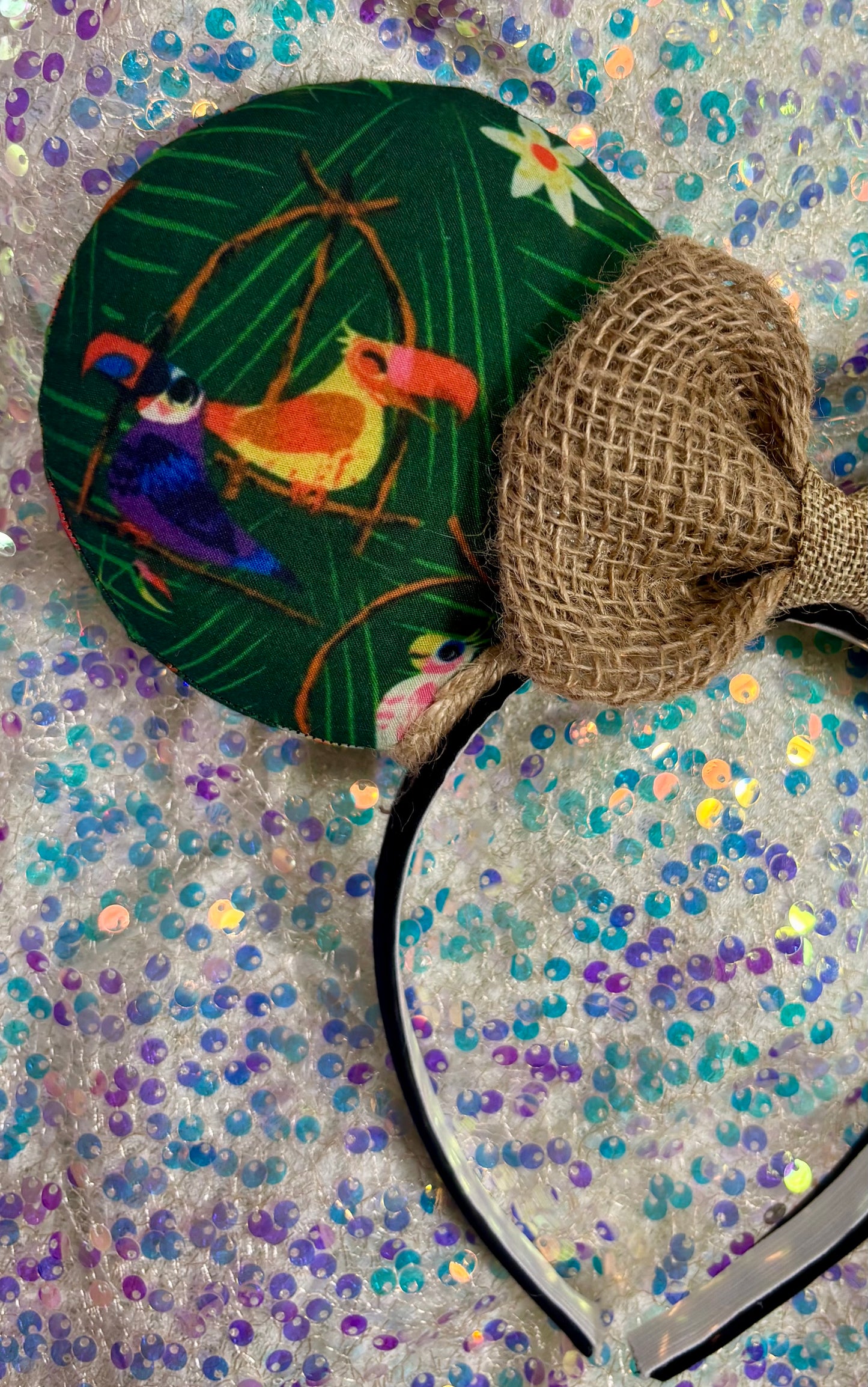 Enchanted Tiki Room Mouse Ears | Tropical Burlap Trim Adventureland Headband