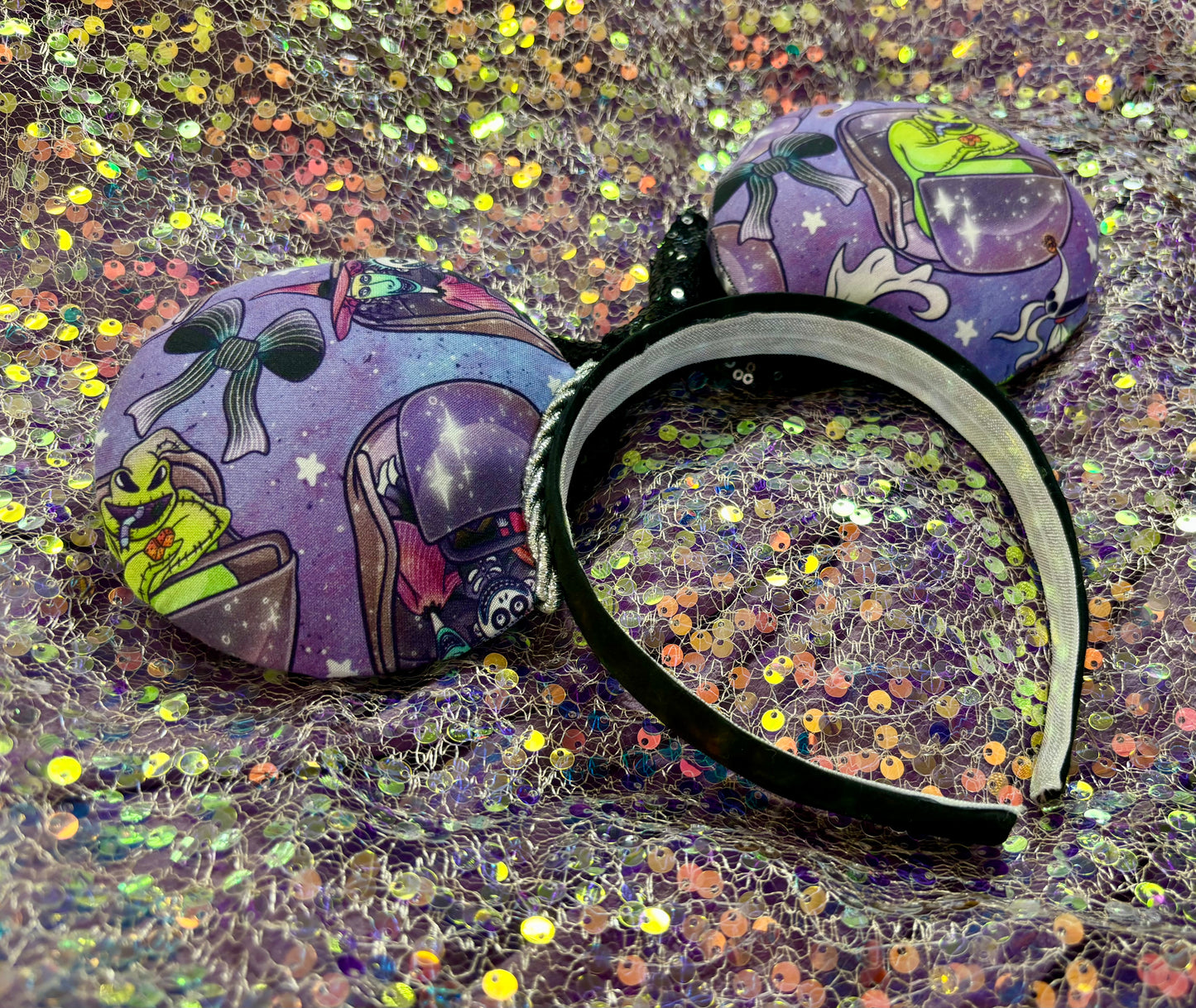 Nightmare Before Christmas x Haunted Mansion Mouse Ears – Handmade Disney Headband with Purple Velvet Bow