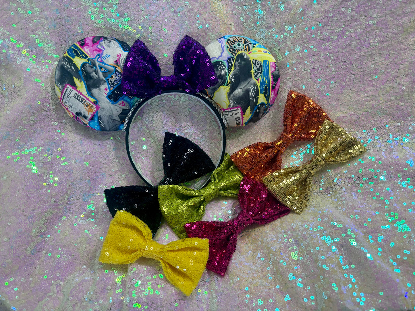 Handmade and ready to ship. Fabric images inspired by Tay and the fortnight video is on the front and back with a purple sequin bow. Shown on a white background. Also shown are different color sequin bows in black, lime green, orange, gold, yellow and hot pink. If you don't want the purple, just write what color you prefer in the order.