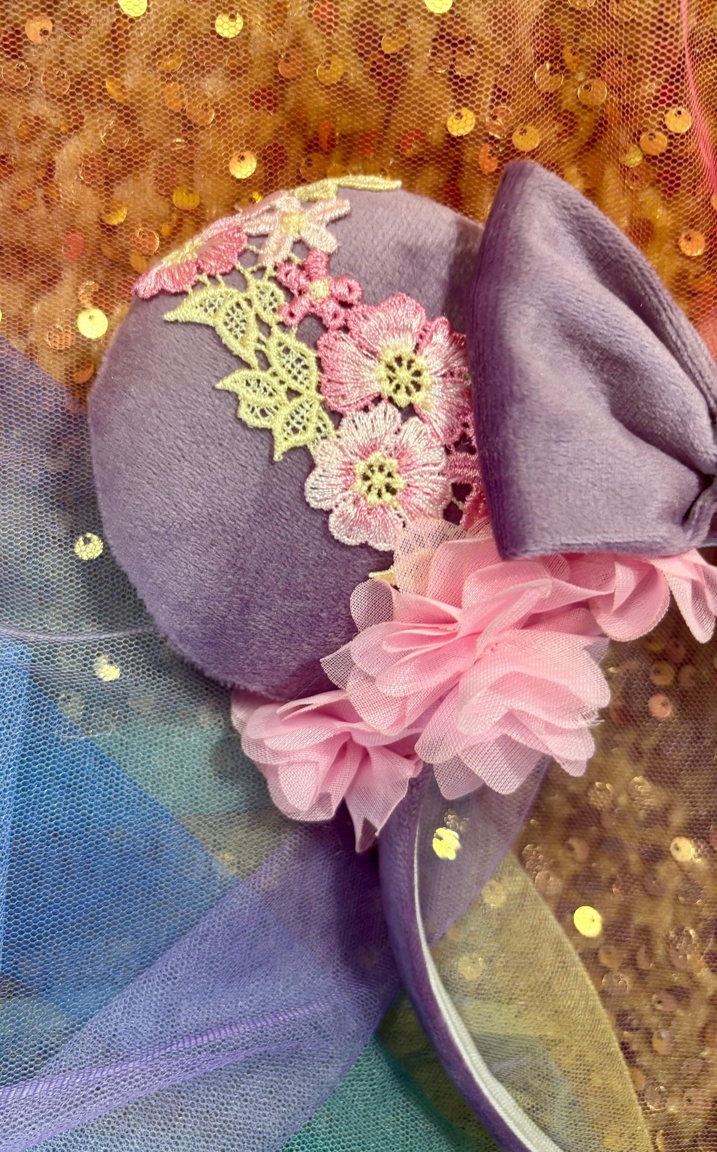 Rapunzel Inspired Mouse Ears | Purple Velvet & Pink Floral Trim Theme Park Headband