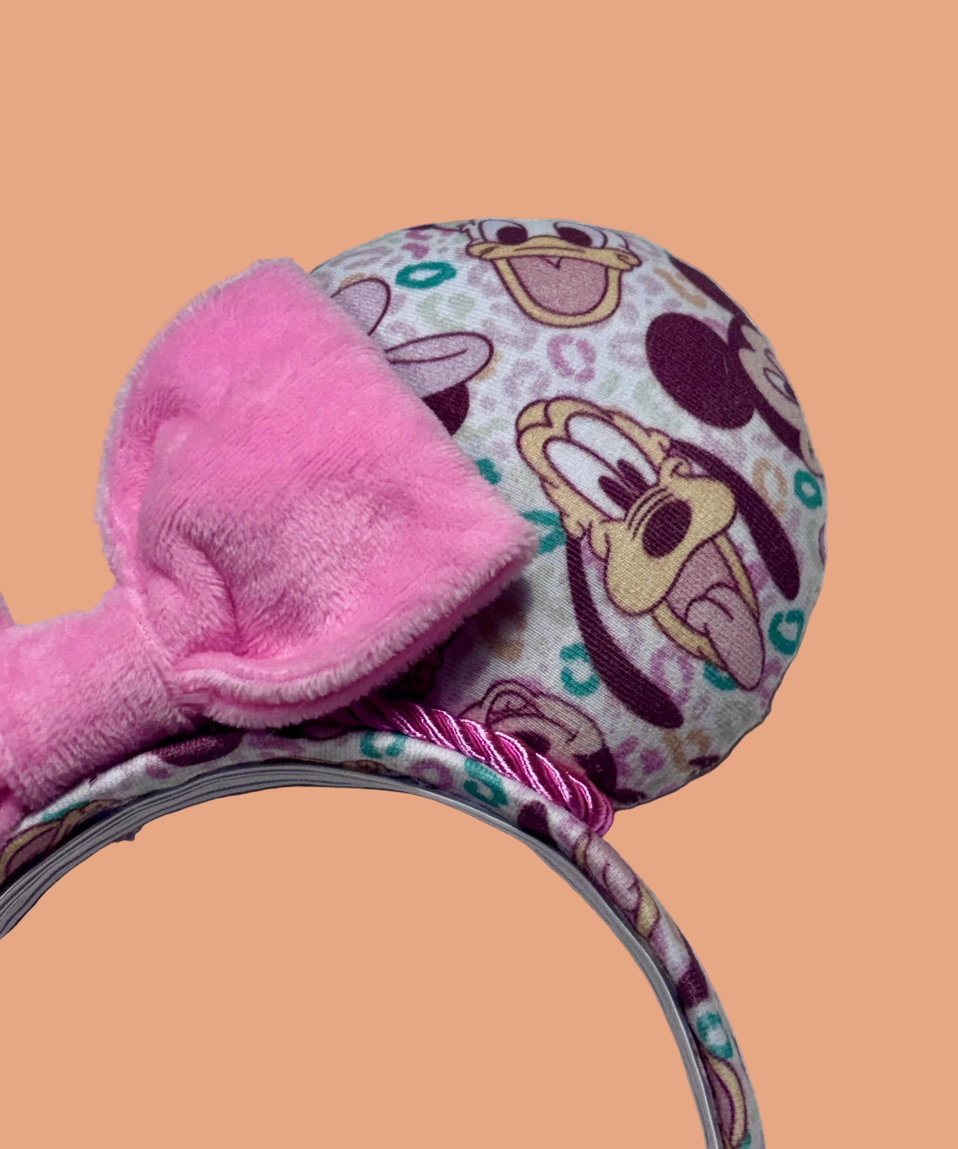 Pink and Leopard print with the fab 5 Mouse ears headband close up of mouse ear.