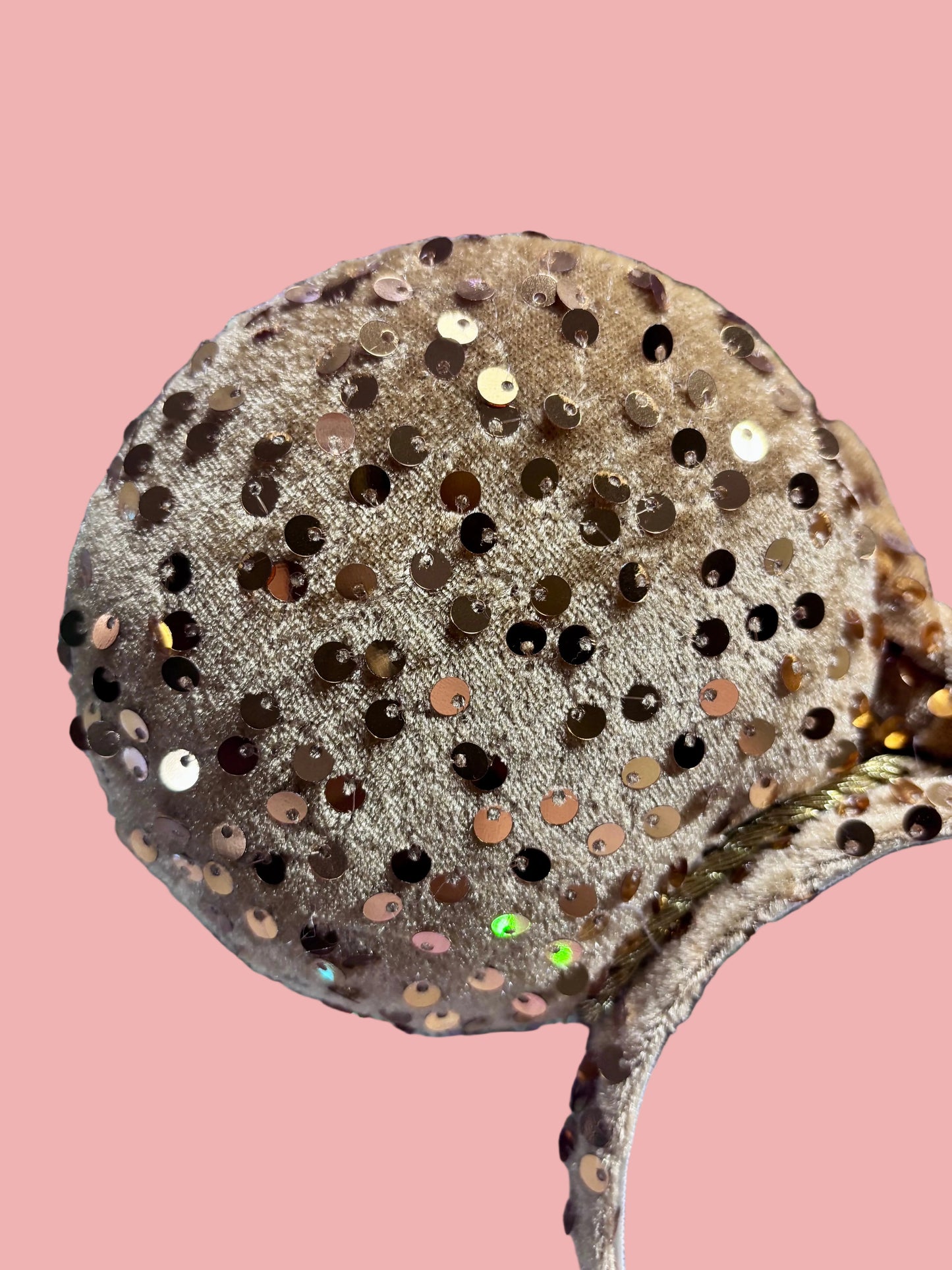 Handmade and ready to ship. These are golden velvet sequin mouse ears with a matching bow 