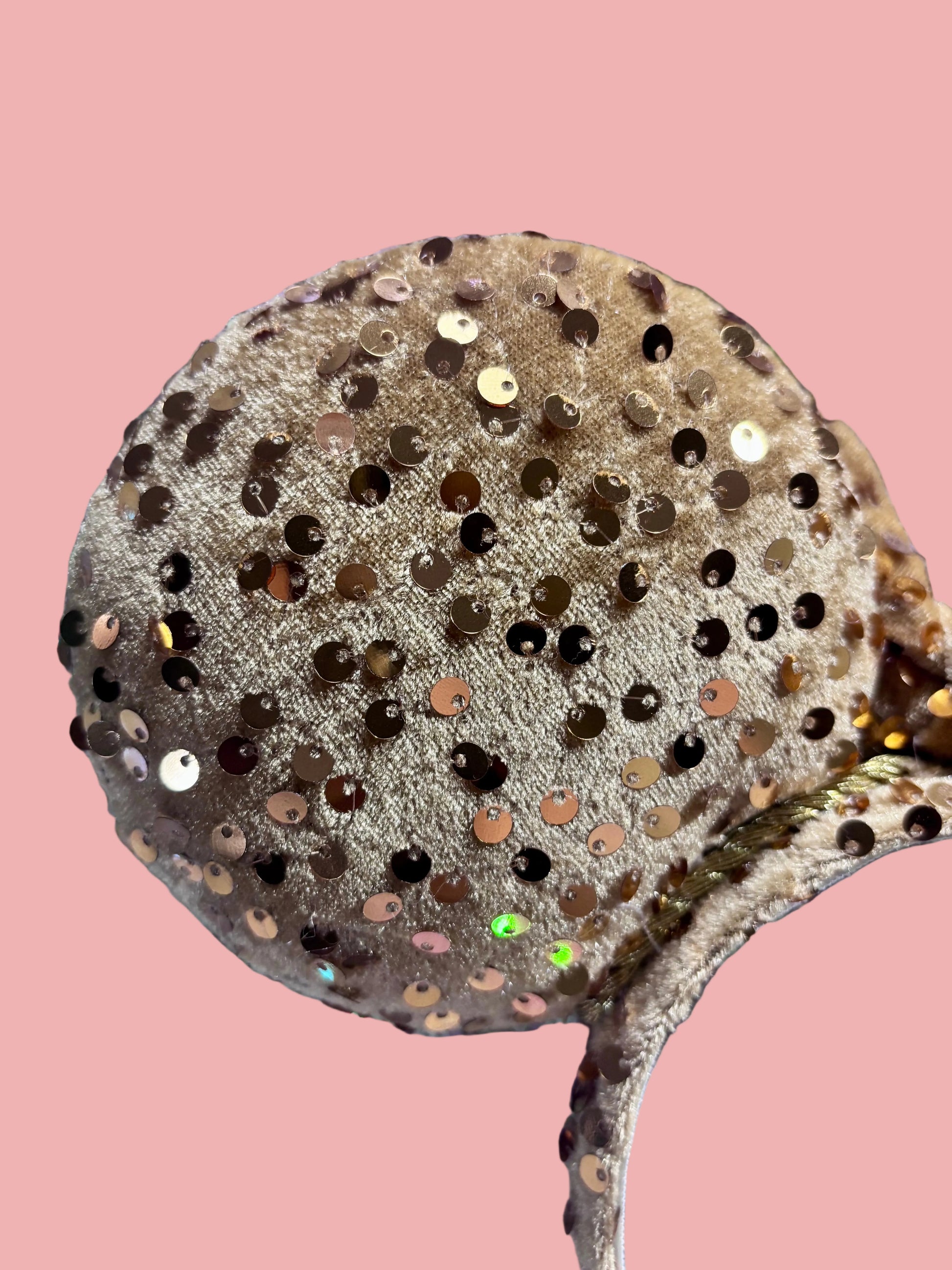 Handmade and ready to ship. These are golden velvet sequin mouse ears with a matching bow 