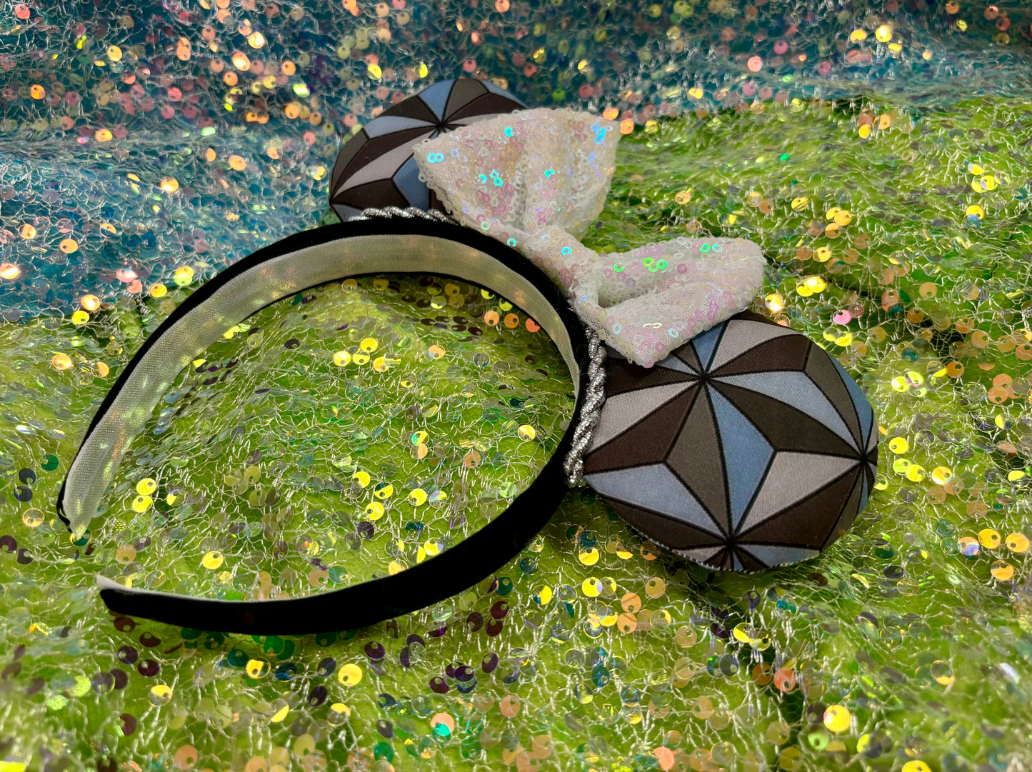 Epcot Inspired Mouse Ears | Handmade Spaceship Earth Disney Headband with Iridescent Sequin Bow