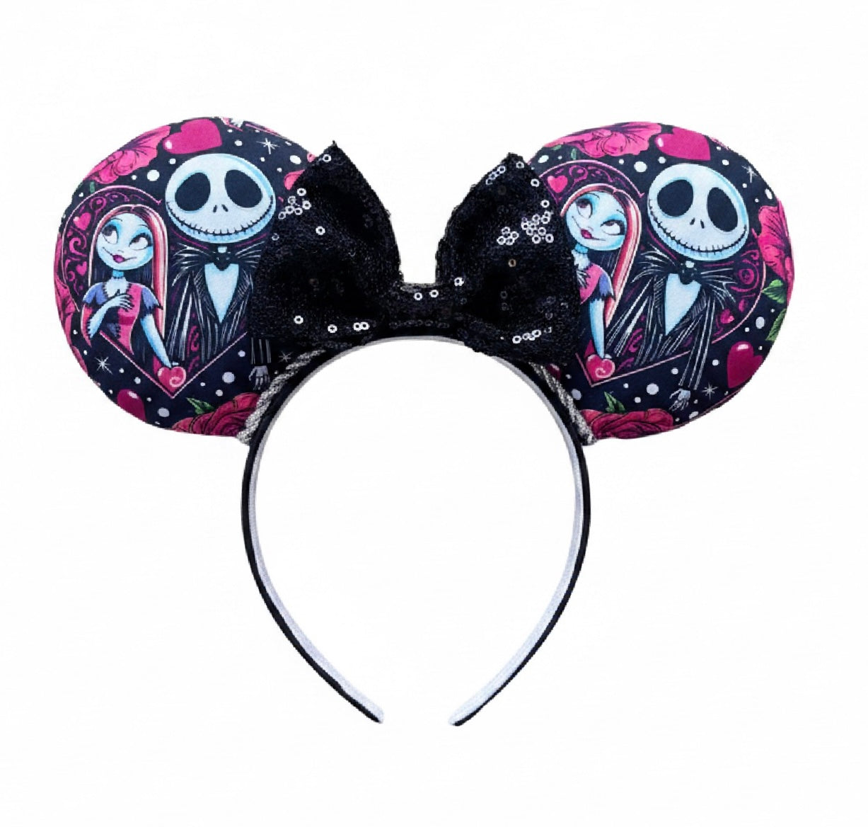 Handmade and ready to ship. NBC themed mouse ears with fabric on both sides of the ears on a black headband with silver twisted trim and a black sequin bow.