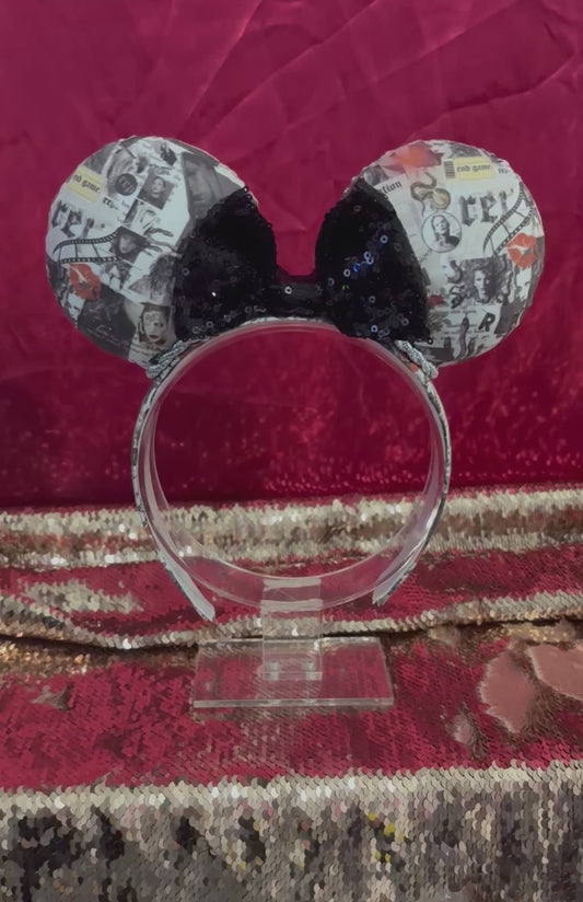 Handmade and ready to ship. These are Reputation Collage themed with a black sequin bow on a headband making mouse ears. Shown on a satin and gold sequin background.