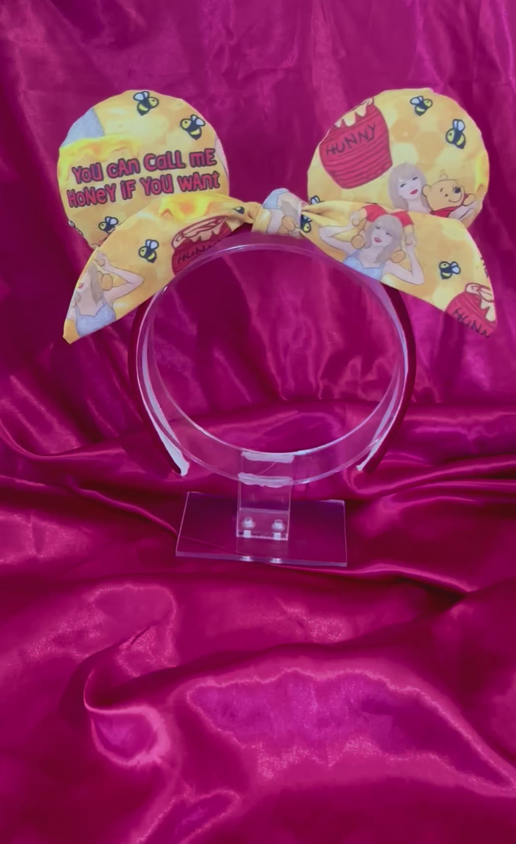 Handmade and ready to ship Twisted bow Honey Mouse ears with TS and Pooh on the fabric front and back and the bow as well. The headband has red plush fabric and is a universal sized headband.