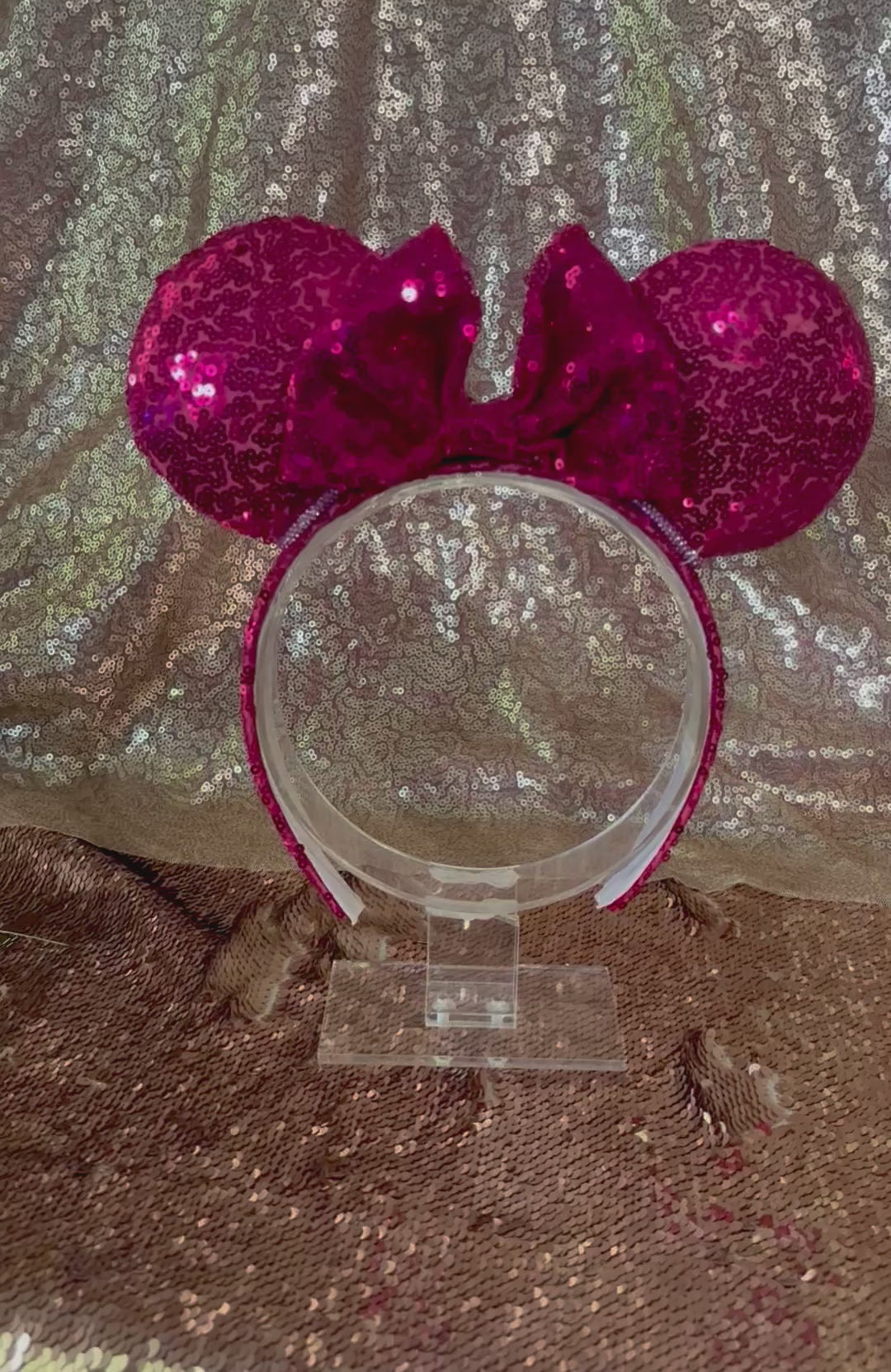 Handmade and ready to ship, Hot Pink Custom Ears. Fabric is on ears front and back with pink rhinestone trim along the inner ears and a matching hot pink sequin bow. The Headband is universal sized and has the same hot pink sequin fabric.