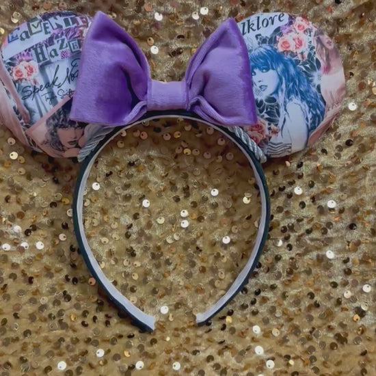 Handmade and ready to ship Lavender Haze Mouse ears with a purple soft velvet bow, silver twisted trim and on a black universal sized headband.