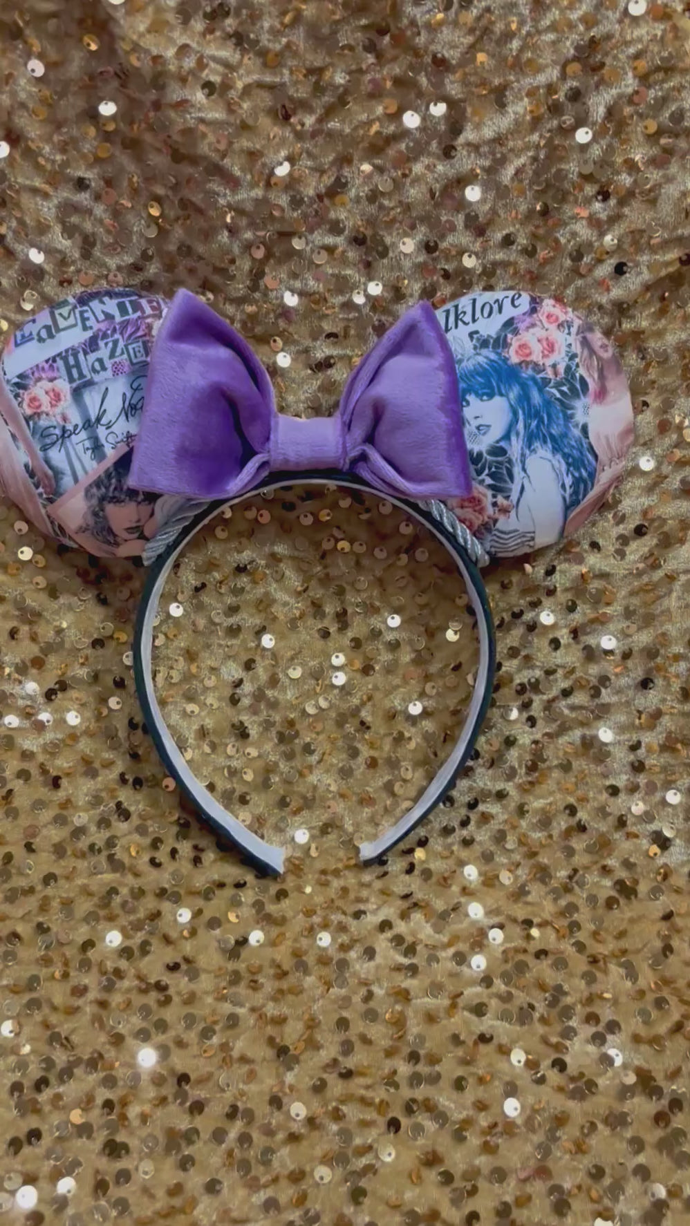 Handmade and ready to ship Lavender Haze Mouse ears with a purple soft velvet bow, silver twisted trim and on a black universal sized headband.