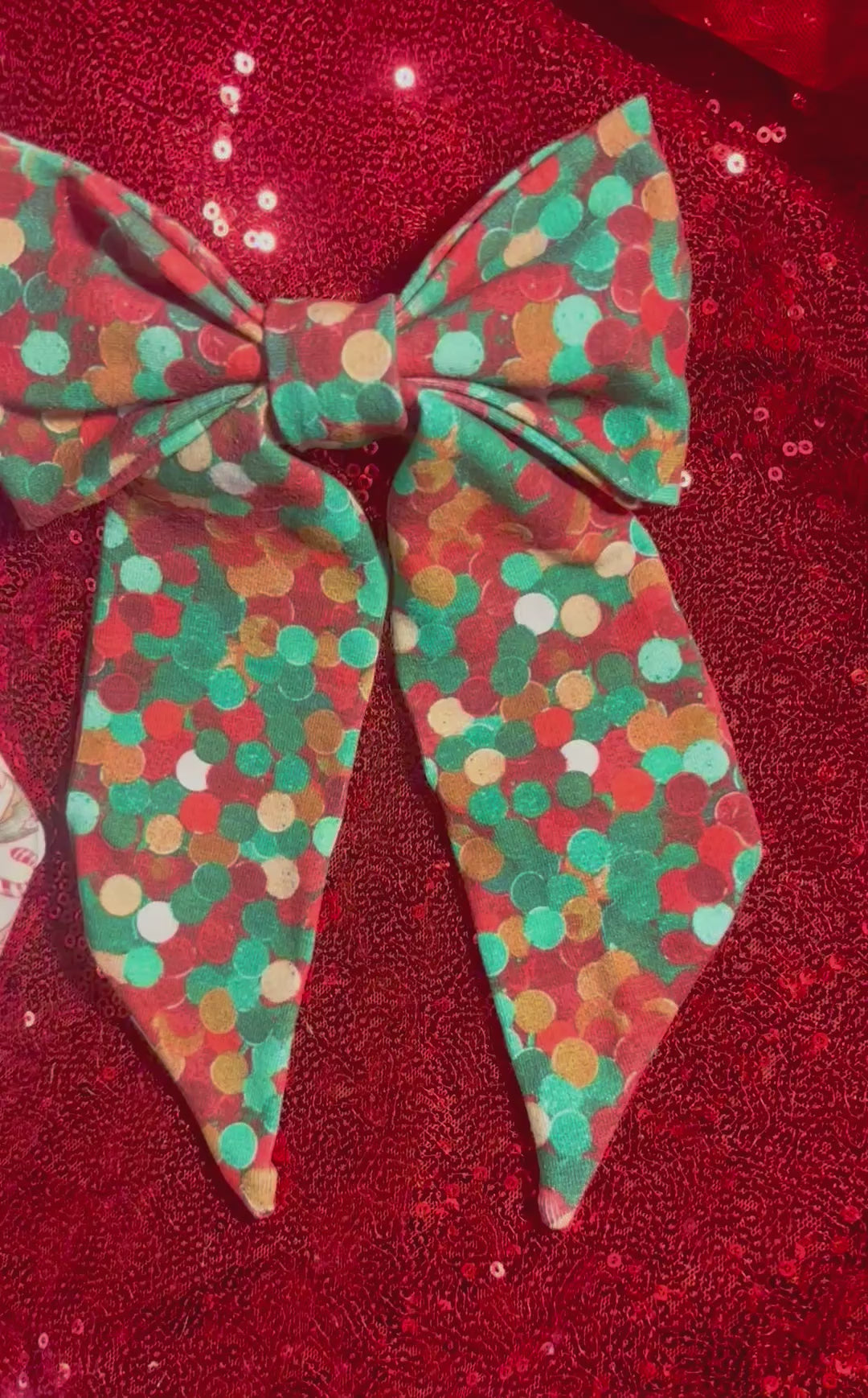 Two handmade and ready to ship French Tailed bows with barrette backings. Comes in Christmas color dots and Stocking Stuffers. Made with Cotton Lycra fabric. 