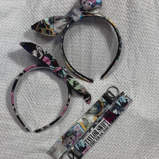 two twisted bow headbands and two keychain wristlets in the same fabrics as the headbands. One set is from THE TOUR and the other is from the fortnight video. 