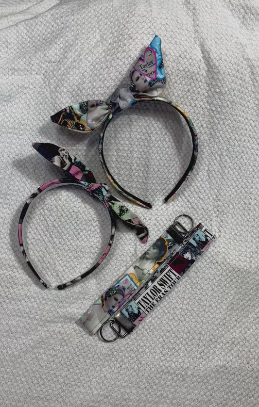 two twisted bow headbands and two keychain wristlets in the same fabrics as the headbands. One set is from THE TOUR and the other is from the fortnight video. 