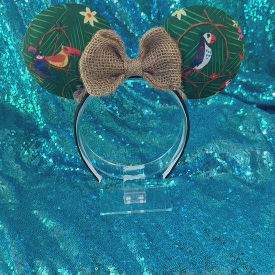 Handmade, made and ready to ship. TIKI inspired Mouse ear headband with burlap bow and bird-themed ears.