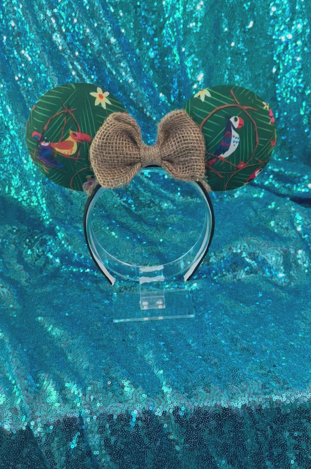 Handmade, made and ready to ship. TIKI inspired Mouse ear headband with burlap bow and bird-themed ears.