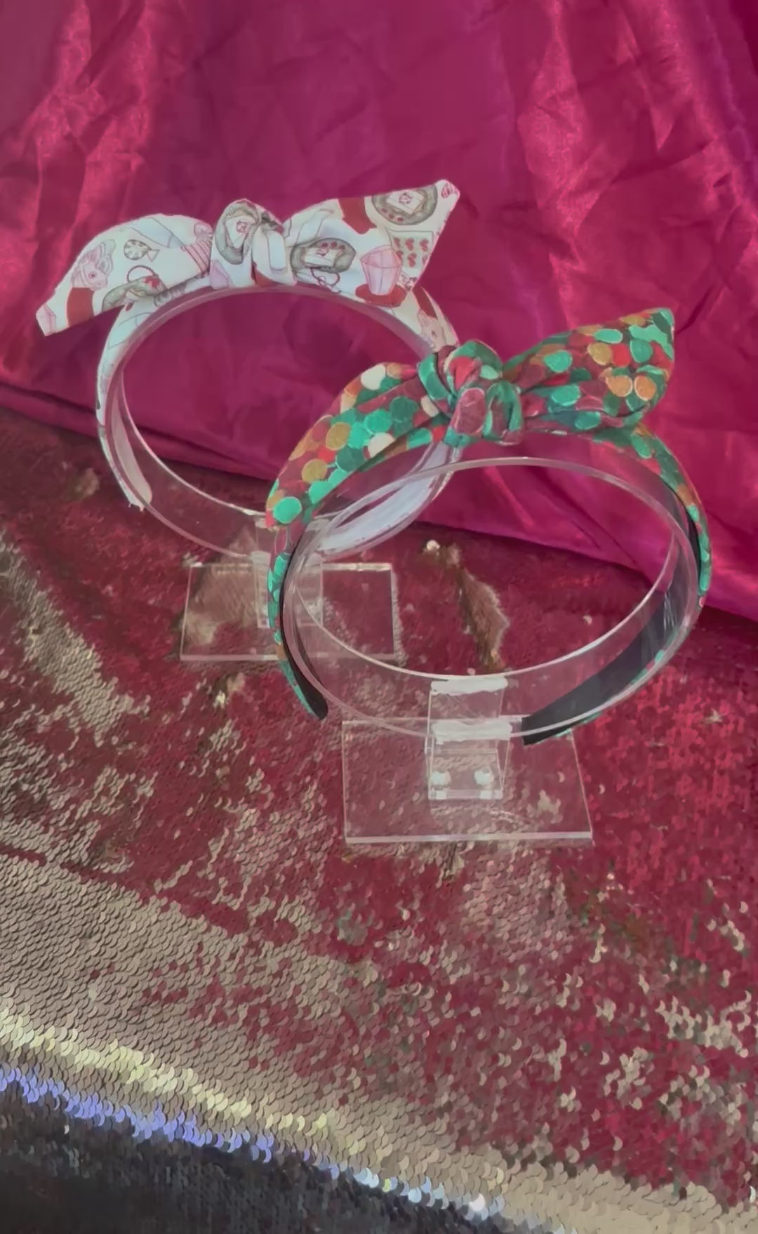 Two Handmade and ready to ship twisted bow headbands with designs in Christmas dots and Stocking Stuffers. Fabric is a soft and stretchy cotton Lycra fabric on universal sized headbands. 