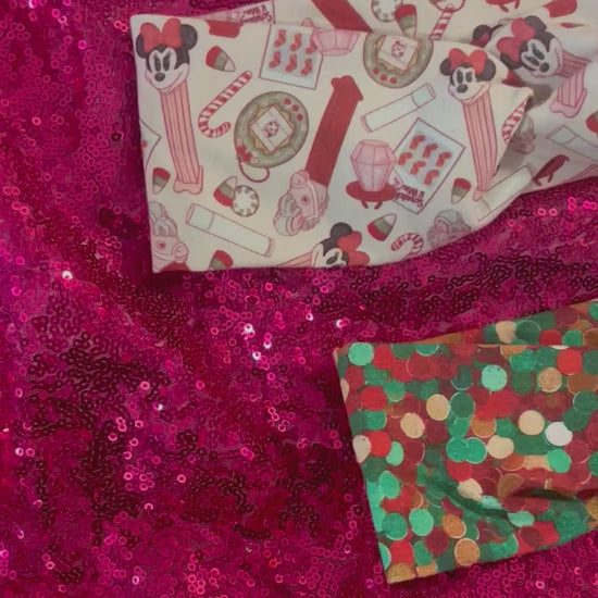 Two handmade and ready to ship twisted headbands. One in Christmas color dots and the other in Stocking Stuffers. Made with cotton Lycra fabric.