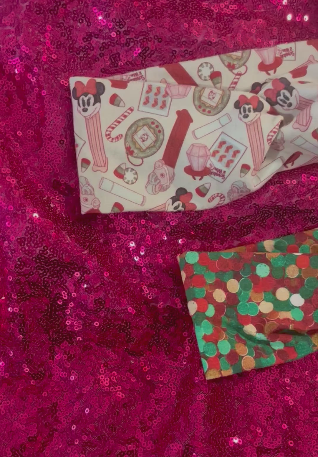 Two handmade and ready to ship twisted headbands. One in Christmas color dots and the other in Stocking Stuffers. Made with cotton Lycra fabric.