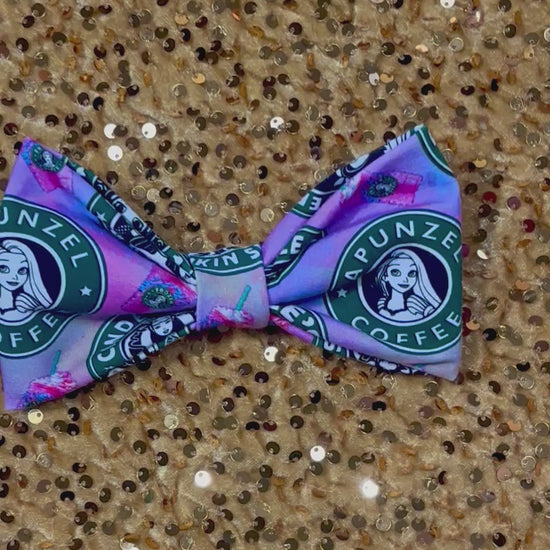 Handmade and ready to ship hairbows in a famous beloved coffee company's image but with princesses on one bow and villains on the other.  