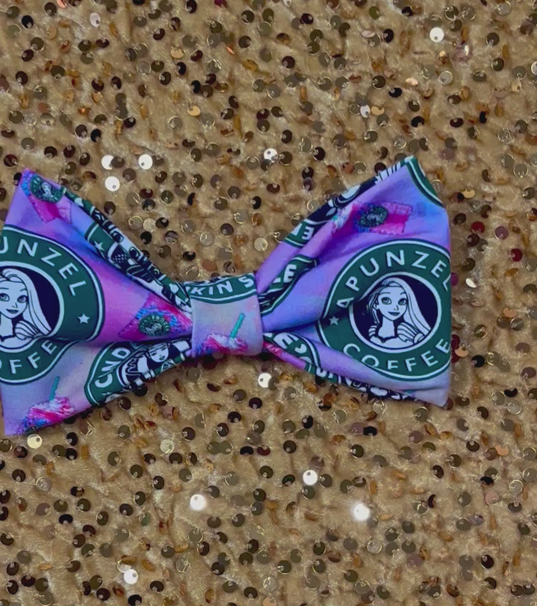 Handmade and ready to ship hairbows in a famous beloved coffee company's image but with princesses on one bow and villains on the other.  